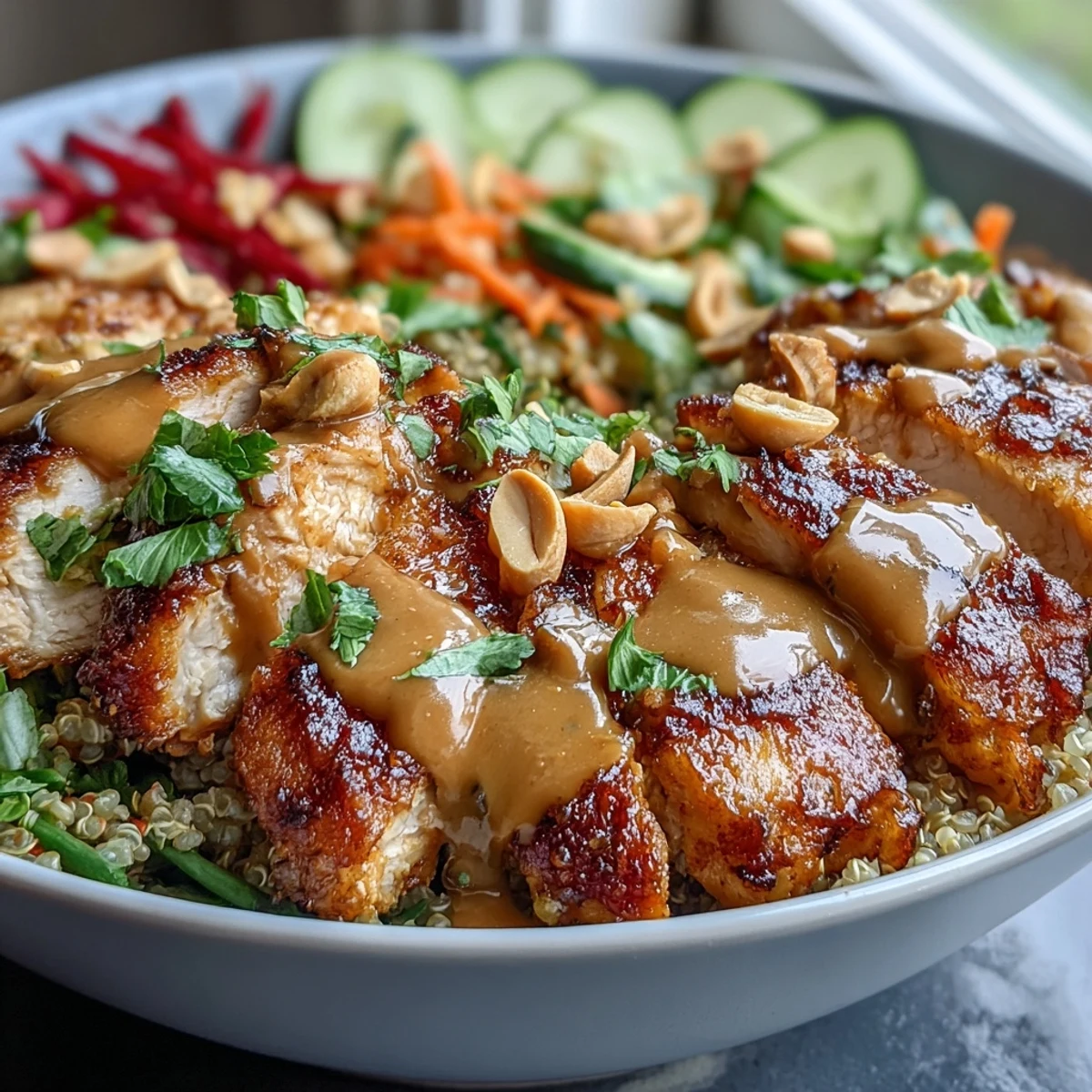The finished Peanut Chicken Power Bowl garnished with chopped peanuts and lime wedges, ready to be served for a healthy lunch or dinner.