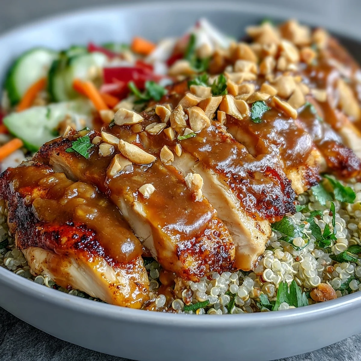 Close-up view of a hearty Peanut Chicken Power Bowl showing tender chicken, fresh spinach, and a generous drizzle of rich peanut dressing.
