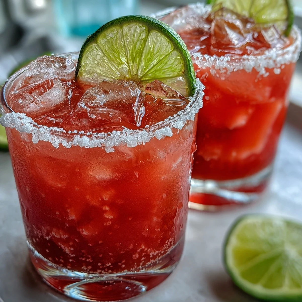 Close-up of a chilled Best Guava Margarita, sweating with condensation beside sliced limes and guava.