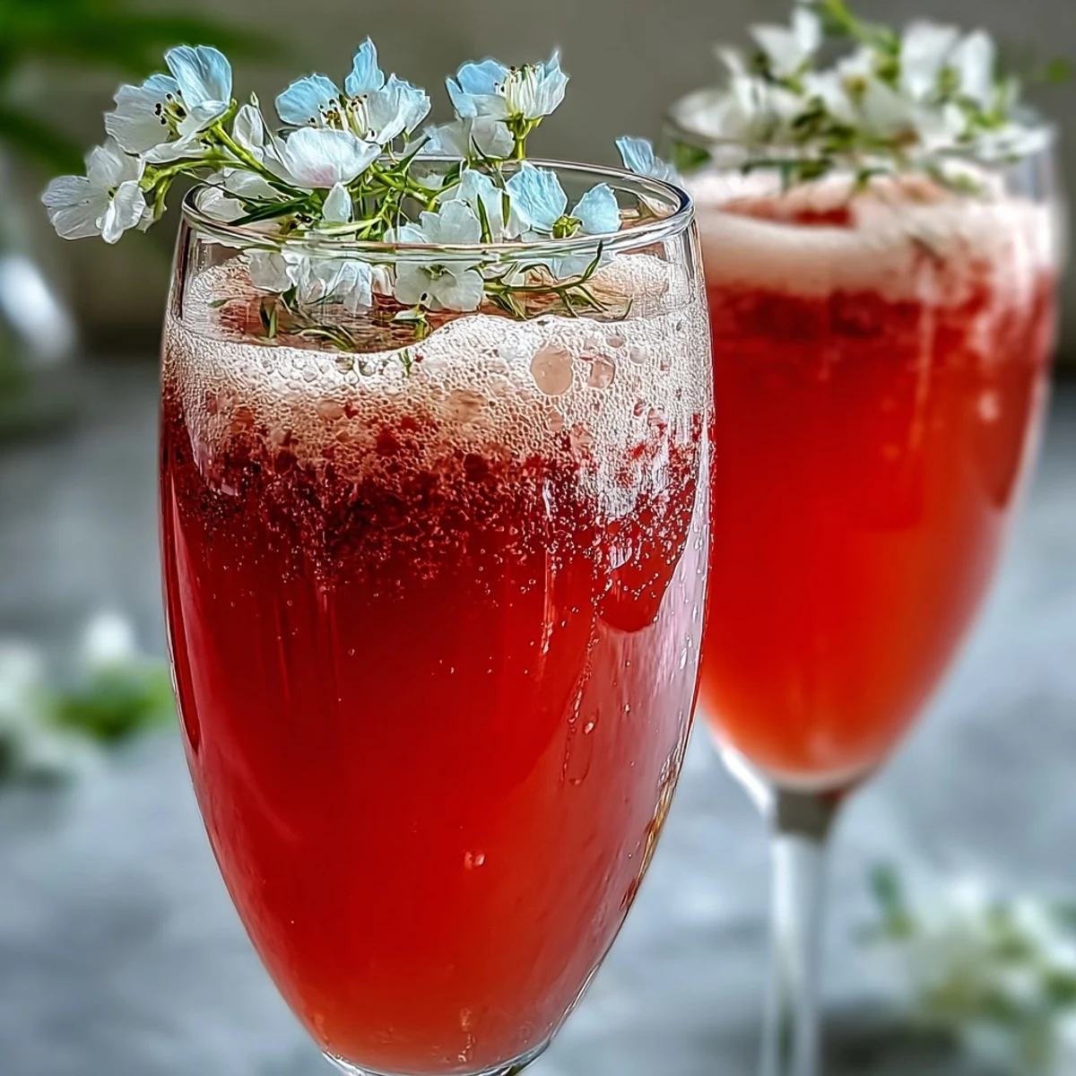 Pink Elderflower Guava Mimosa with fresh guava slice beside bottle.