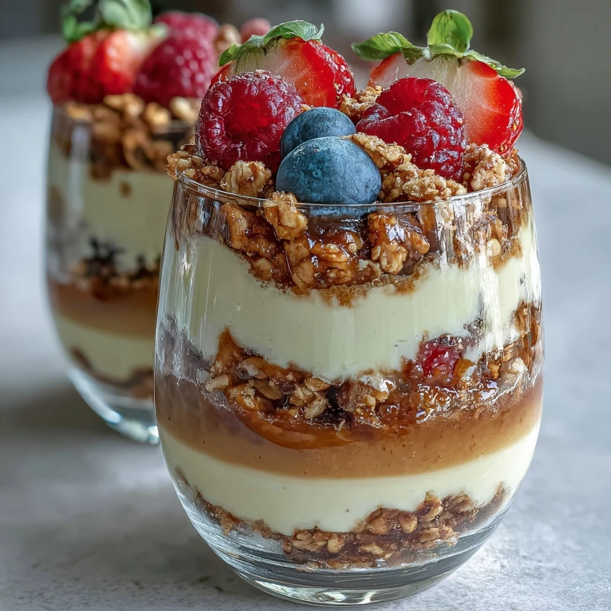 Hojicha Panna Cotta Parfait with creamy roasted tea layers, fresh berries, and crunchy granola in a glass.