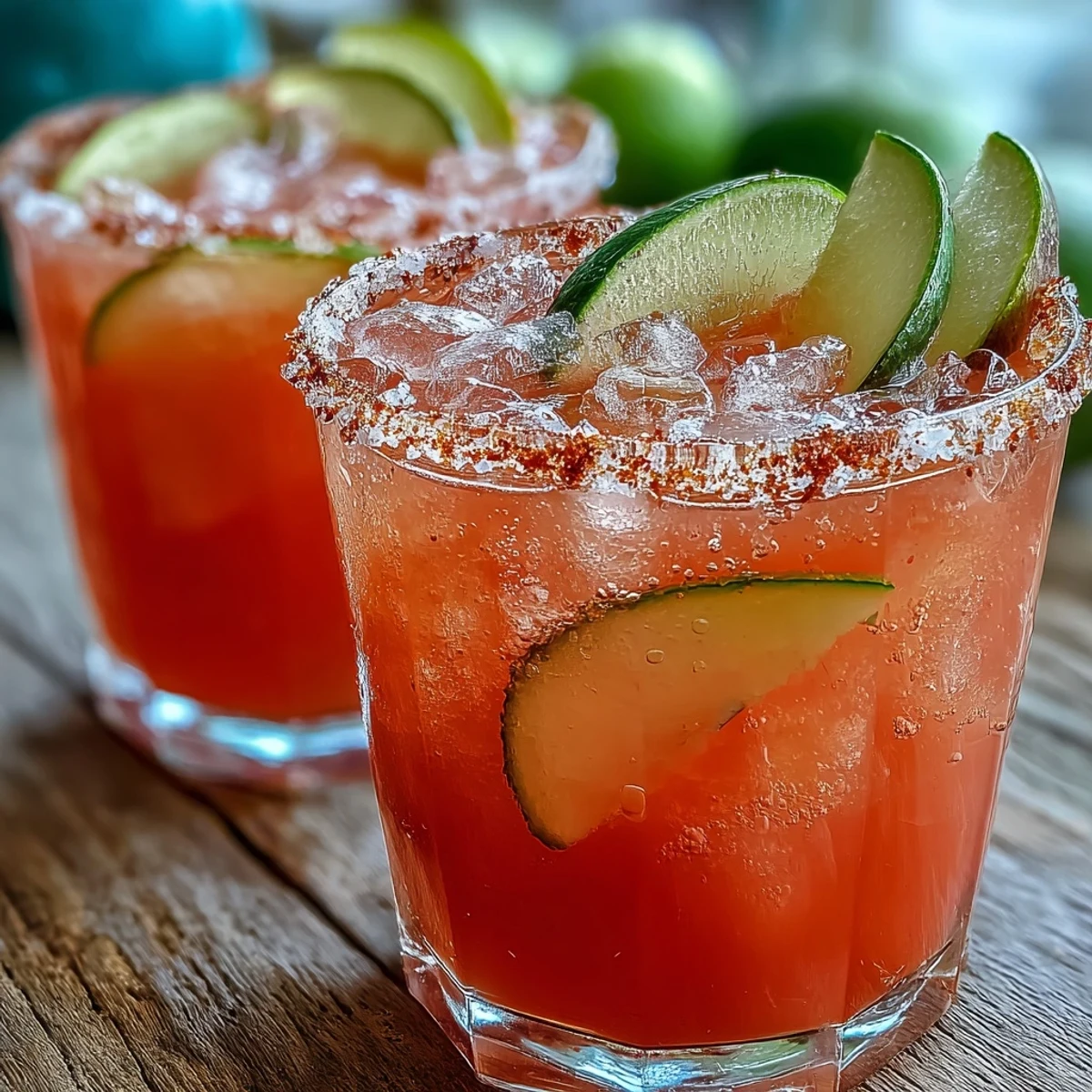 Two refreshing guava margaritas with Tajín rims and lime garnish on a wooden table.