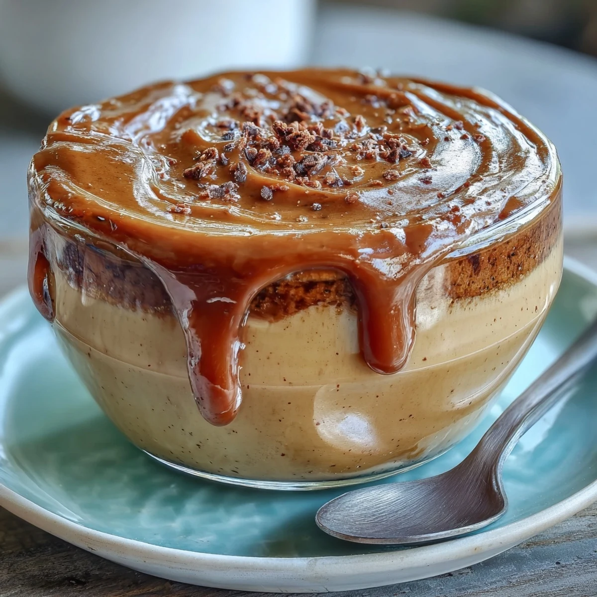 Rich hojicha pastry cream layered in a dessert glass with matcha crumbs and fresh whipped cream.
