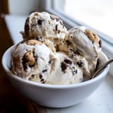 Indulge in this refreshing cottage cheese ice cream topped with edible cookie dough chunks.  