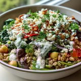 Colorful Mediterranean Farro Bowl tossed with spinach, cucumbers, and Kalamata olives served in a rustic ceramic bowl.
