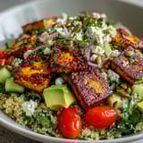 Simple Grain Bowl topped with grilled chicken and shredded carrots on brown rice, garnished with herbs and pumpkin seeds.