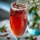 Elderflower Guava Mimosa in a chilled flute garnished with edible flowers.