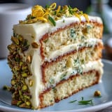 Vibrant layered cake, perfect for a spring birthday, with zesty lemon and pistachio flavors.