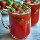 A refreshing pitcher of Strawberry Basil Lemonade with fresh fruit garnishes.