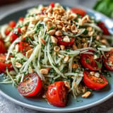Crisp green papaya salad, tangyiime dressing, and savory peanuts in Som Tam.