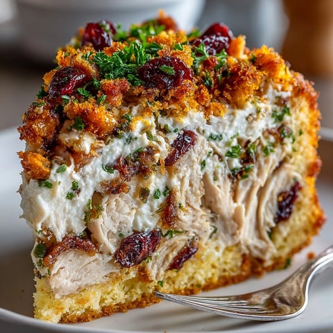 Close-up view of juicy Chaos Cake Thanksgiving Turkey Disaster, layered with sweet potato crumbles.