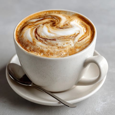 Onion Latte topped with frothy milk, showing caramelized onion syrup swirling into the espresso.