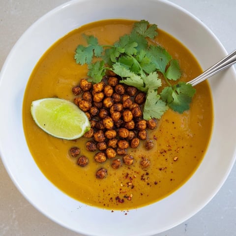 Creamy orange Thai Pumpkin Soup, garnished with crispy chickpeas and fresh cilantro.