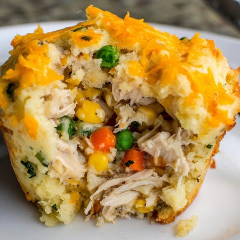 Close-up of golden, cheesy Cheesy Garlic Chicken Pot Pie Muffins ready to eat.