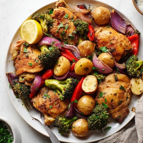 Juicy Lazy Gourmet Chicken & Vegetable One-Pot with vibrant colors and herbs.