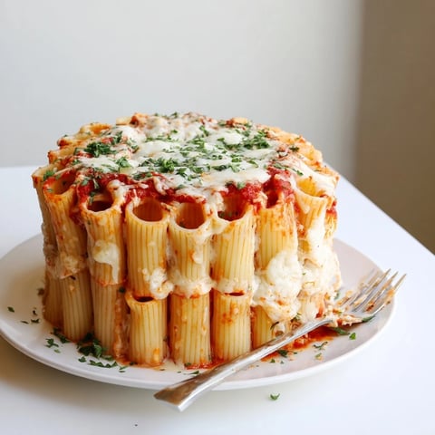Vibrant Honeycomb Pasta Cake topped with gooey cheese and fresh parsley garnish.  