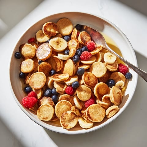 Delicious mini pancake cereal ready to enjoy with syrup and fresh berries.  
