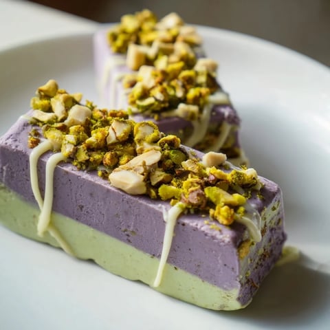 Creamy ube and crunchy pistachio ice cream bars, perfect for summer gatherings.  