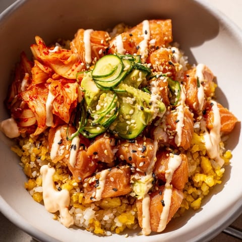 Crispy Salmon Rice Bowl topped with fresh avocado and spicy mayo, a delight.  