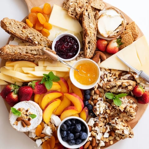 Vibrant jam-infused brunch board showcasing assorted cheeses, fresh fruits, and artisan breads.  