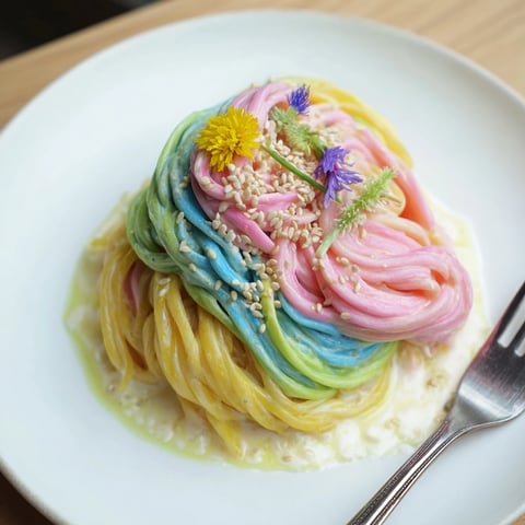 A colorful Neon Noodle Cloud dish served with creamy sauce and edible flowers.  