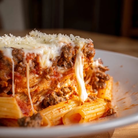Golden-brown Cheesy Beef & Penne Bake, bubbly with melted mozzarella and Parmesan, a comforting casserole.