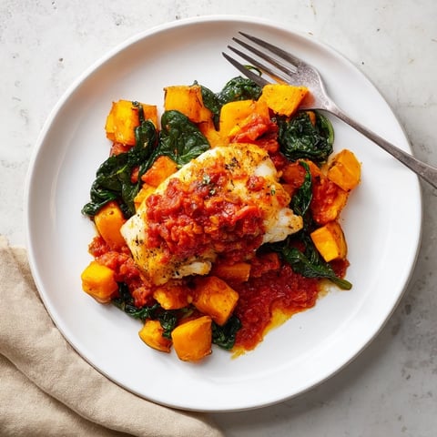Golden-brown baked cod with butternut squash and spinach, vibrant in a rich tomato-herb sauce.