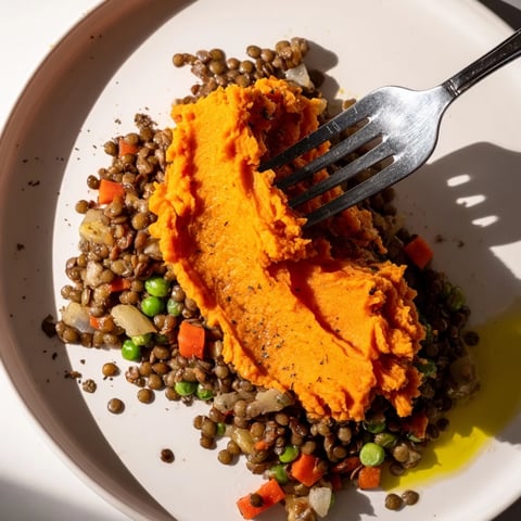 Golden sweet potato topping covers bubbling lentil filling in this veggie shepherds pie.