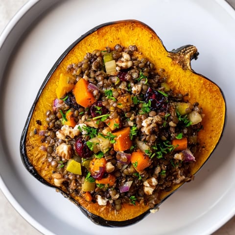 Golden acorn squash halves stuffed with a savory lentil and walnut mixture, ready to serve.