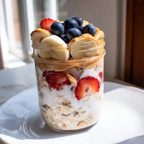 Layered Overnight Oats Jars, bursting with fresh fruit and creamy peanut butter, ready to eat.