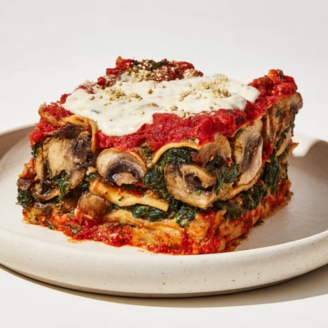 Steaming hot Vegan Mushroom Spinach Lasagna, layered with hearty vegetables and creamy dairy-free sauce.