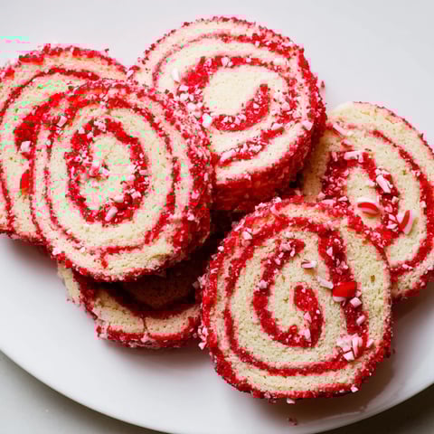 Beautifully swirled Candy Cane Pinwheel Cookies, boasting festive red and white patterns ready to enjoy.