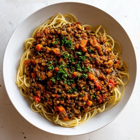 Steaming hot Hearty Lentil Bolognese, a hearty vegan pasta dish ready to be served.