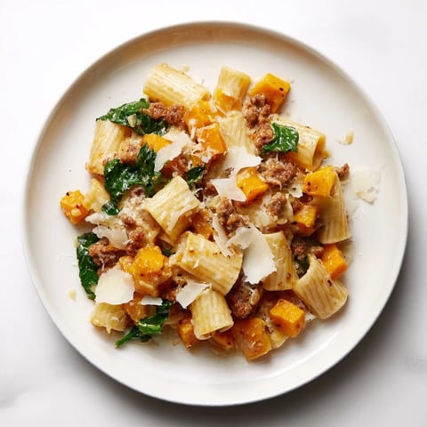 Creamy Rigatoni with butternut squash, Italian sausage and Parmesan, a flavorful pasta dish.