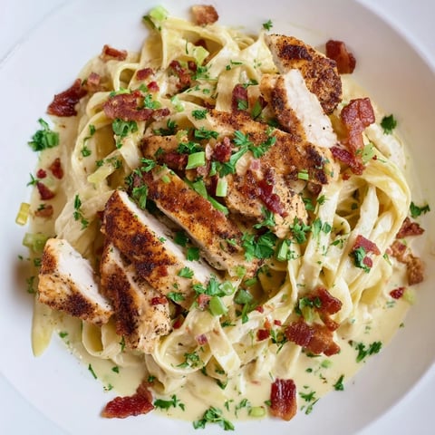 Southern Style Creamy Parmesan Chicken Pasta, a dish with sliced chicken in a rich, velvety parmesan sauce, ready to eat.