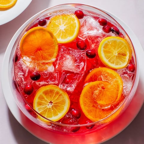 Quick Holiday Punch with Ice Ring: A vibrant, ruby-red punch bowl with floating, fruity ice ring, ready to serve.