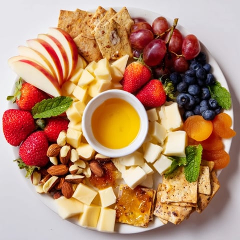 A beautifully arranged Bears Honey Pot Board, featuring fresh fruit, cheeses, and honey for dipping.
