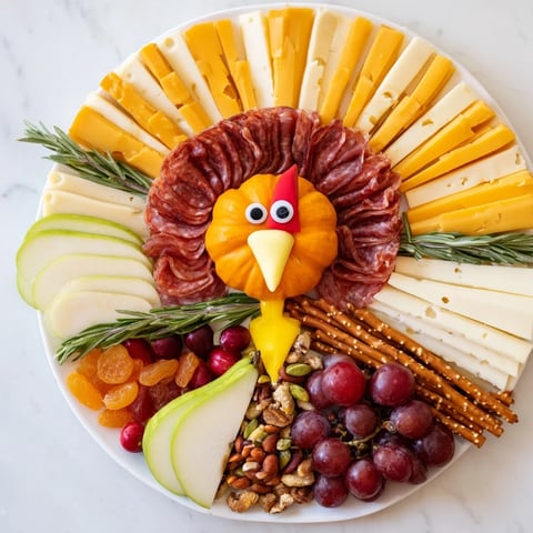 A beautiful Thanksgiving Wheat Field Turkey Board is loaded with cheeses, meats, crackers, and fruit.