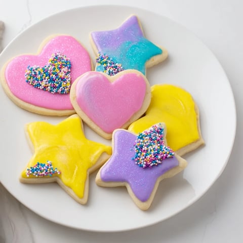 Princess Palace Heart & Star Treats: close-up of vibrantly decorated sugar cookies, ready for a special celebration.