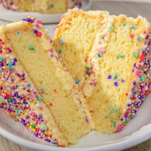 A single slice of Happy Birthday Cake, a vanilla dream frosted with buttercream frosting, sprinkled.
