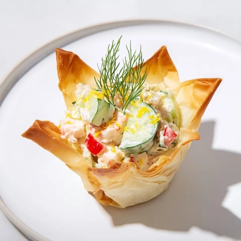 Golden, flaky Mini Star Cocktail Cups filled with savory shrimp salad, perfect party appetizers.