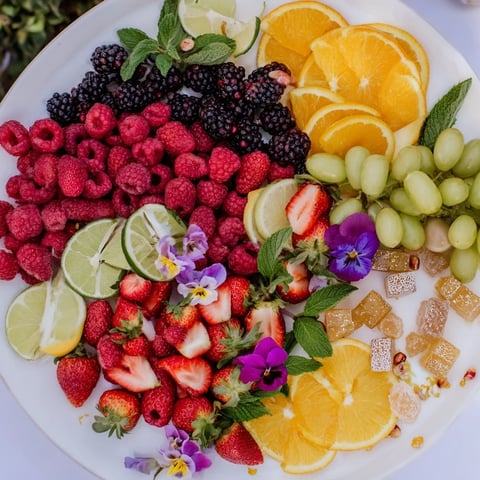 Vibrant Bubbly Bar Garnish Platter overflowing with colorful fruits, herbs, and candied ginger for a New Years Eve party.