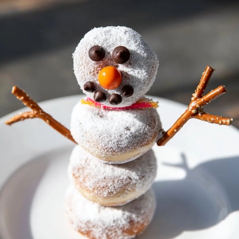Mini donut snowman stacks are festive, easy no-bake treats, served on skewers for kids' winter fun.