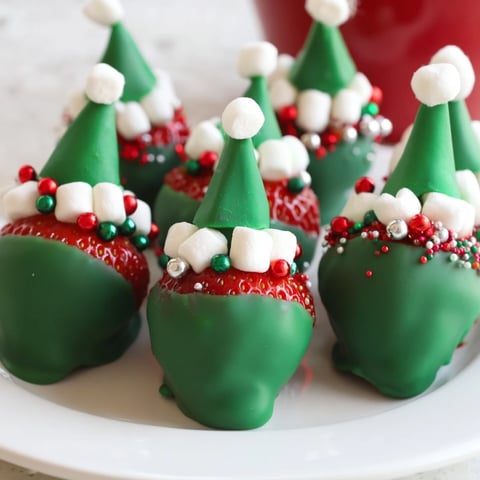 Fresh, green chocolate-dipped Elf Hat Chocolate Dipped Strawberries with a fluffy white marshmallow pom-pom.