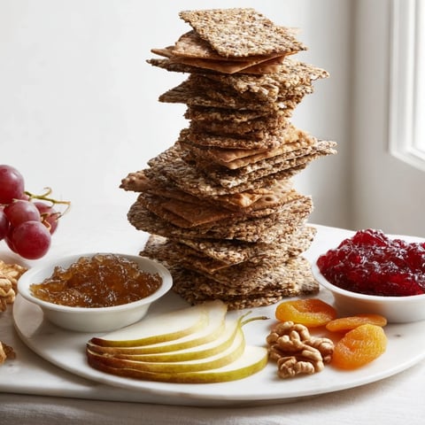 Gourmet Crackers arranged as a tower, showcasing tasty preserves and fresh fruit for an elegant appetizer.