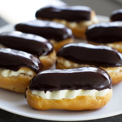 Sweet Bites: Mini chocolate éclairs beautifully arranged, glistening chocolate glaze atop fresh, golden pastries.