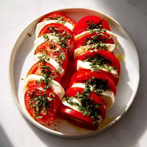 Vibrant Sliced Tomatoes and Mozzarella Rounds, beautifully layered with fresh basil and a drizzle.