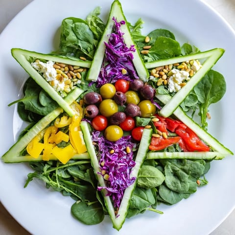 A colorful Star of David Salad Platter with feta cheese and fresh, vibrant vegetables, ready to serve.