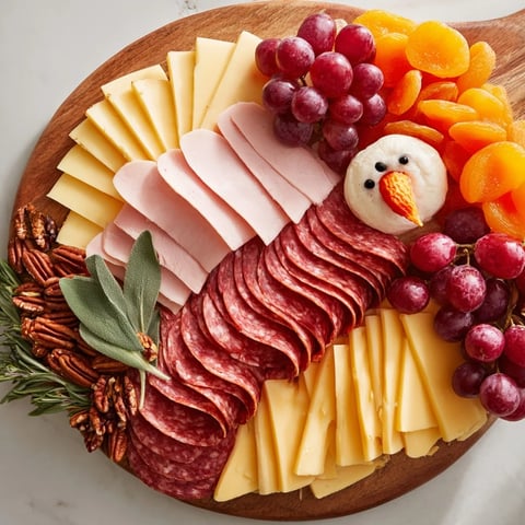 A beautifully arranged turkey tail fan charcuterie board offers a feast for Thanksgiving.