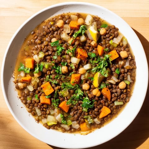 Steaming bowl of Middle Eastern lentil and chickpea stew, garnished with fresh parsley and lemon wedges.